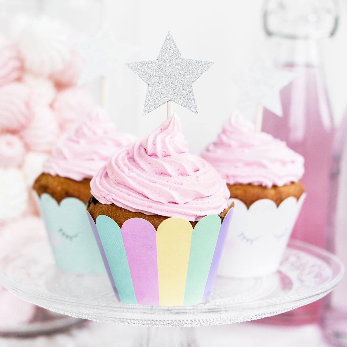 PARTYDECO CUPCAKE TOPPER STERNE - SILBER 6-TEILIG