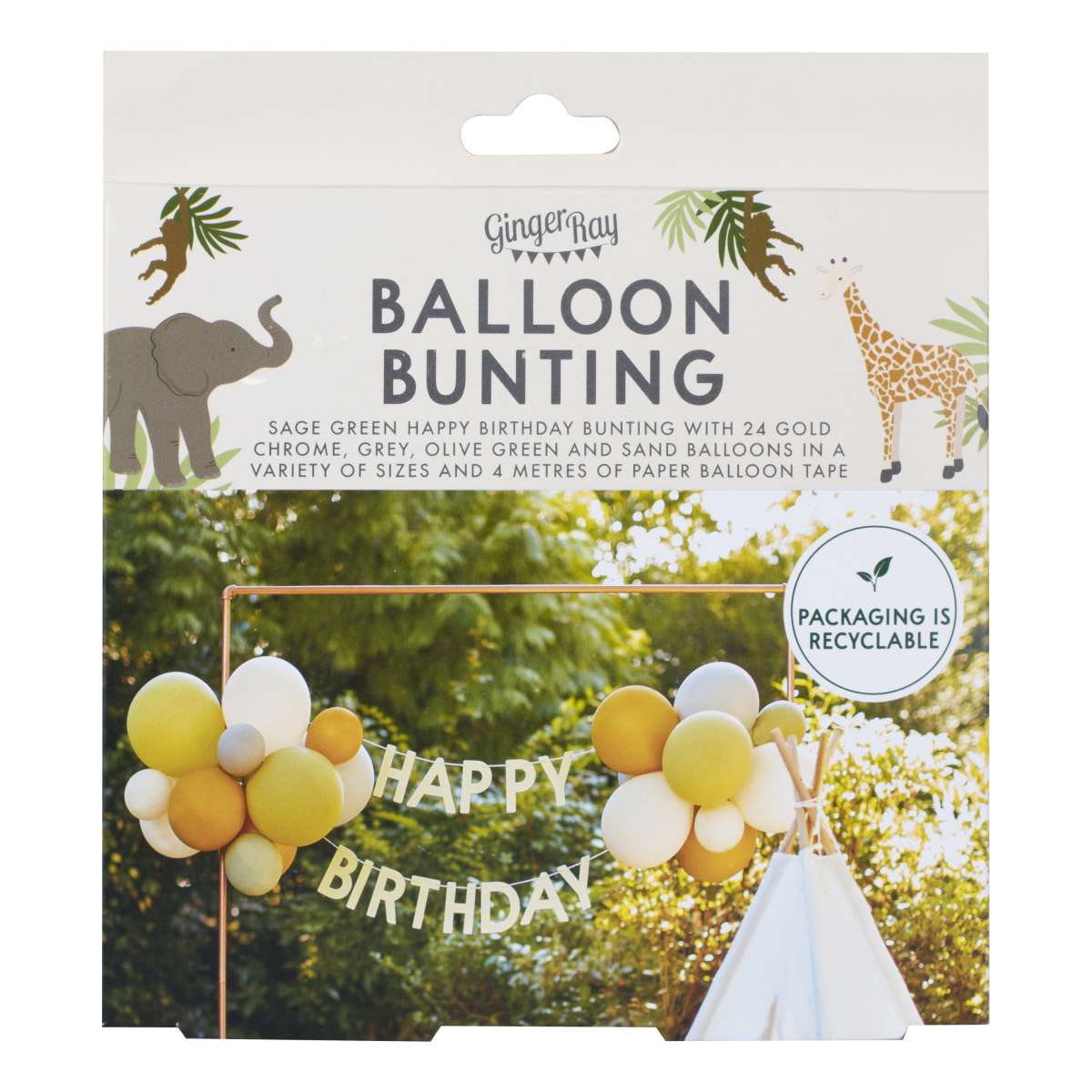  1 Bunting - Happy Birthday with Balloons - Green, Grey, Sand and Gold Chrome